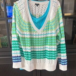 Talbots Green, Teal & White Striped Open-Knit V-Neck Sweater